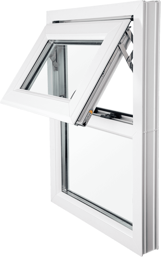 A white double hung window with a glass window.